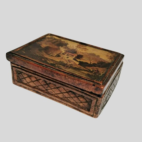 Vintage Thanhardt Burger Ceramic Chalkware Trinket Box Bucolic Landscape Art - Picture 1 of 6
